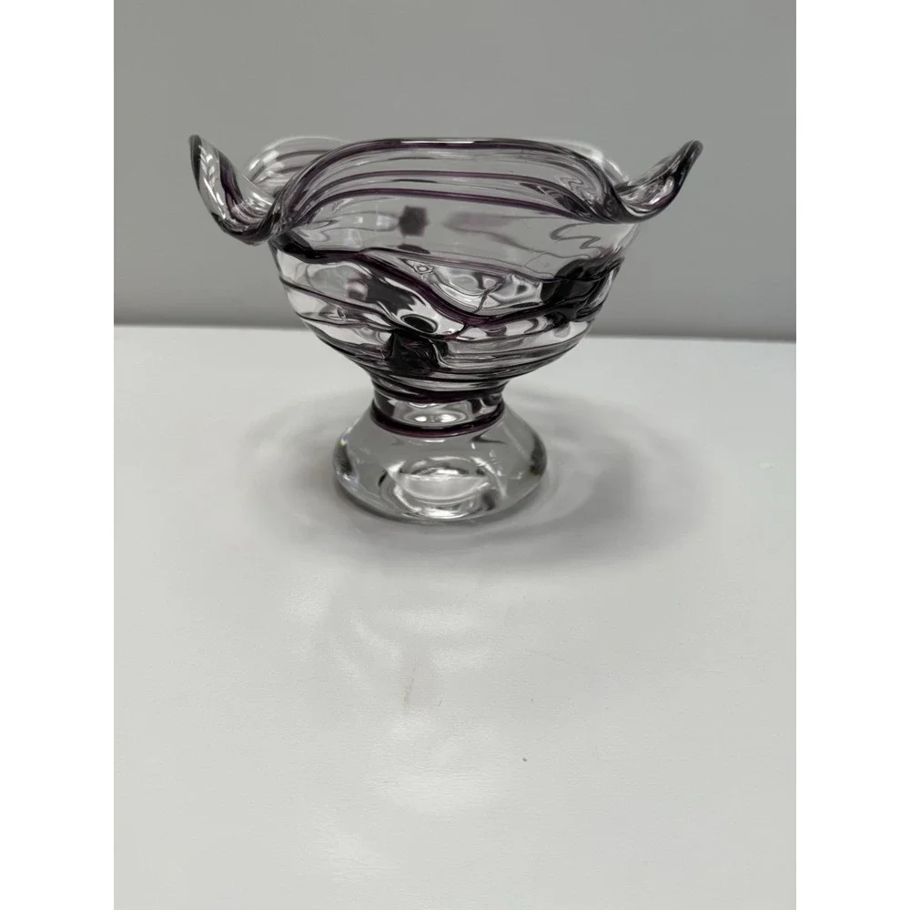 Vintage Art Glass Pedestal Bowl Purple Swirls Marked 